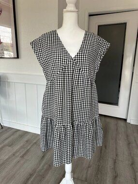 Time And Tru Gingham Ruffle Sleeveless A-Line Knee Length Dress Black White M